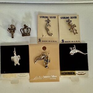 7 STERLING SILVER charms whale crown fairy turtle New Orleans seahorse miner